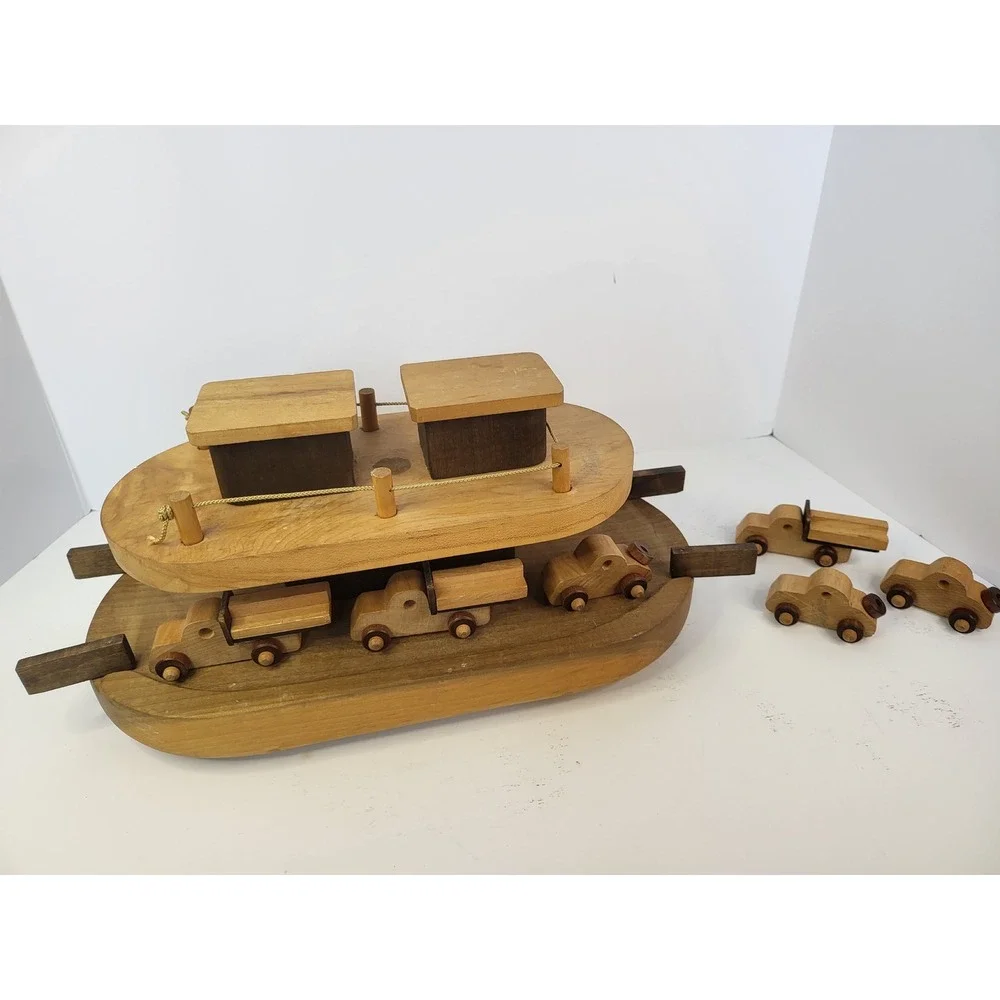 Tucker Toys Wooden Ferry Boat Set with 6 Cars and Trucks Made in USA Vintage